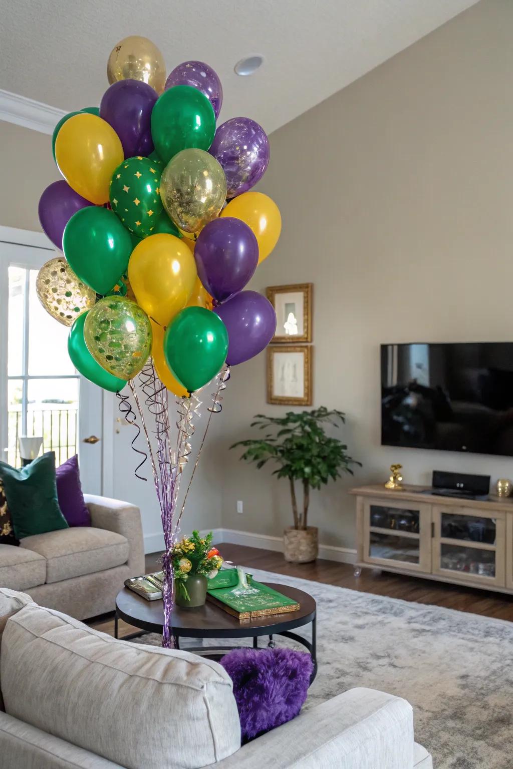 Enhance your space with a whimsical Mardi Gras air-filled creation.