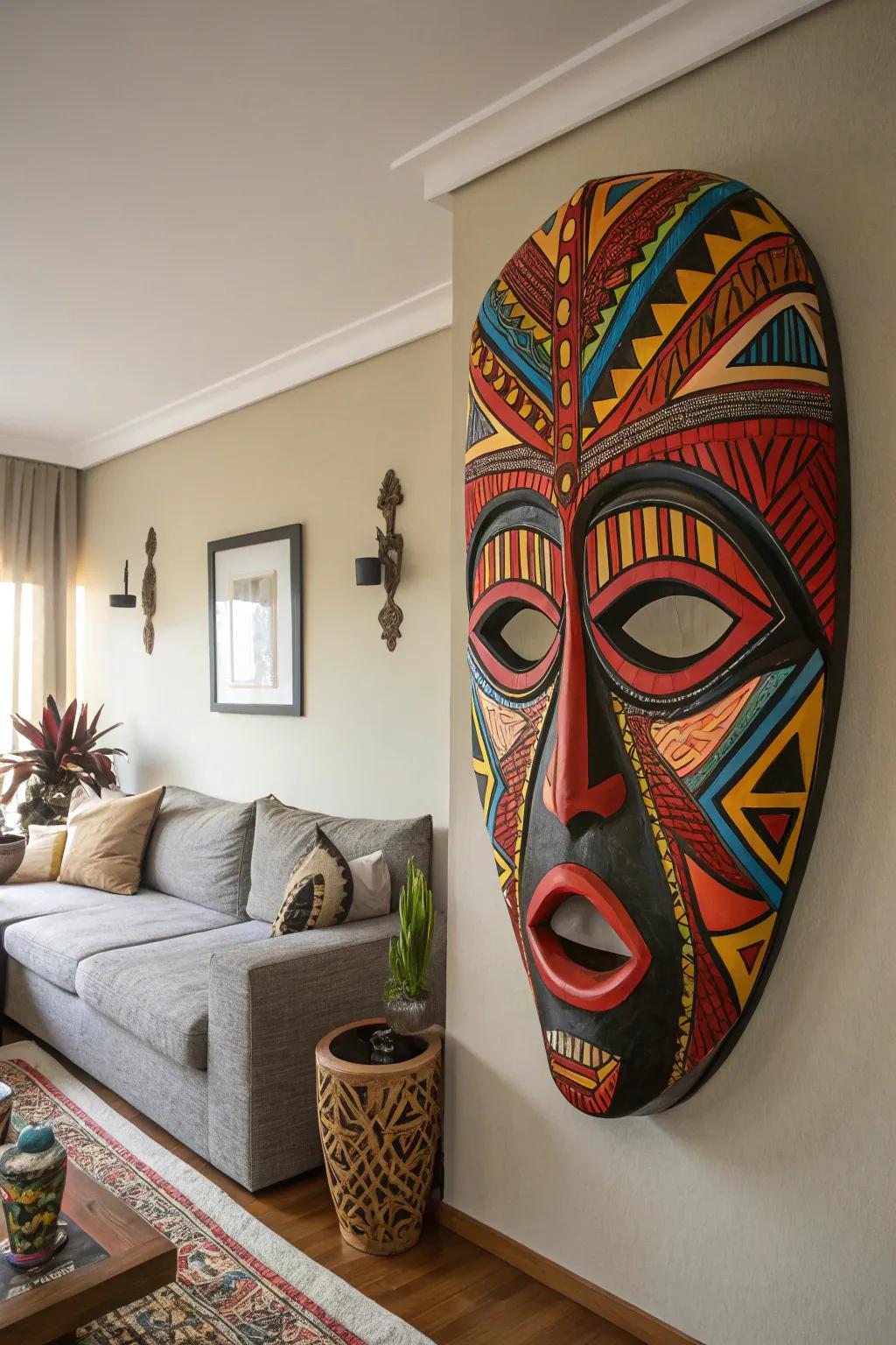 An abstract mask sculpture that brings vibrant color to any setting.