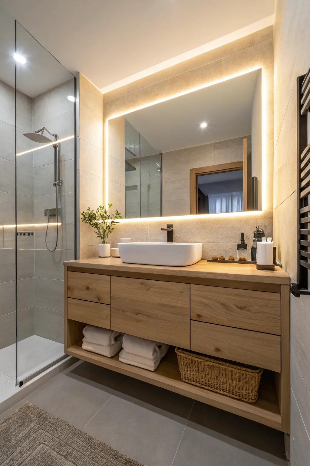 A bathroom that features a suspended vanity with a pale timber finish and stylish under glow lighting.