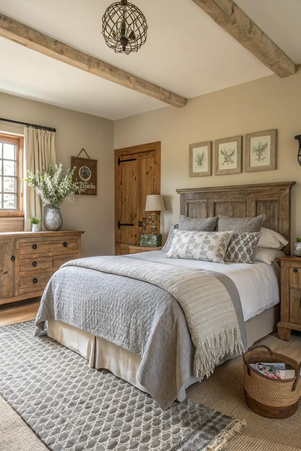 A serene country-style bedroom featuring a muted color scheme