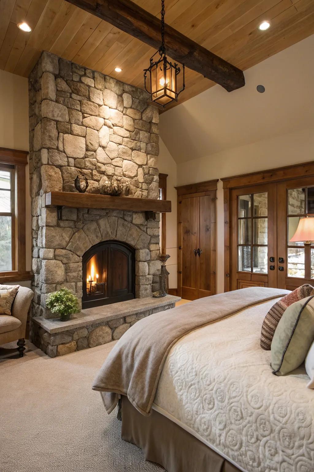 A classic stone hearth brings an everlasting allure to any main bedroom.