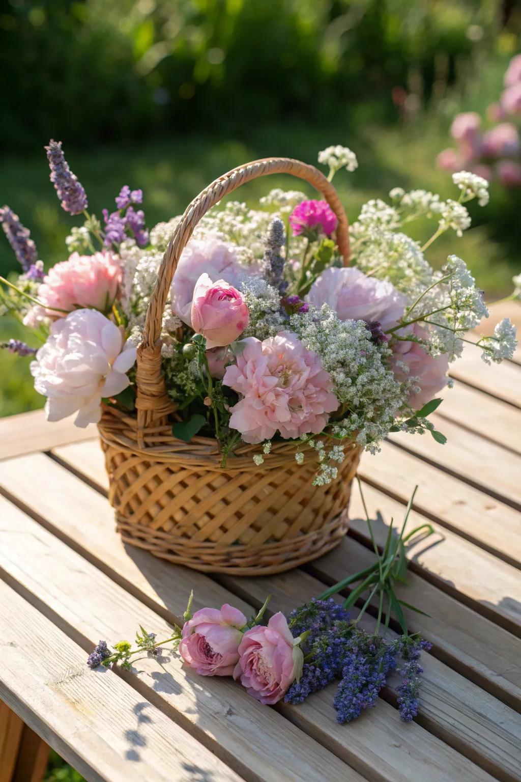 A lively assortment of fresh flowers nestled in a delightful woven basket.