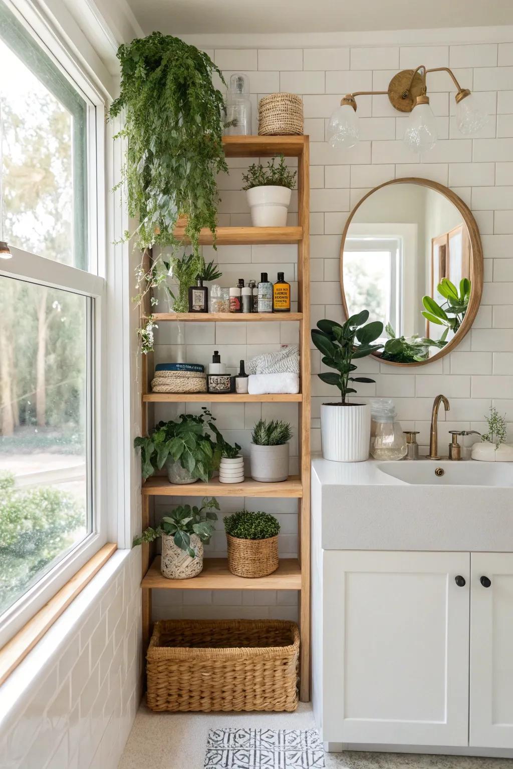 Open shelving provides both practicality and style in a bathroom setting.