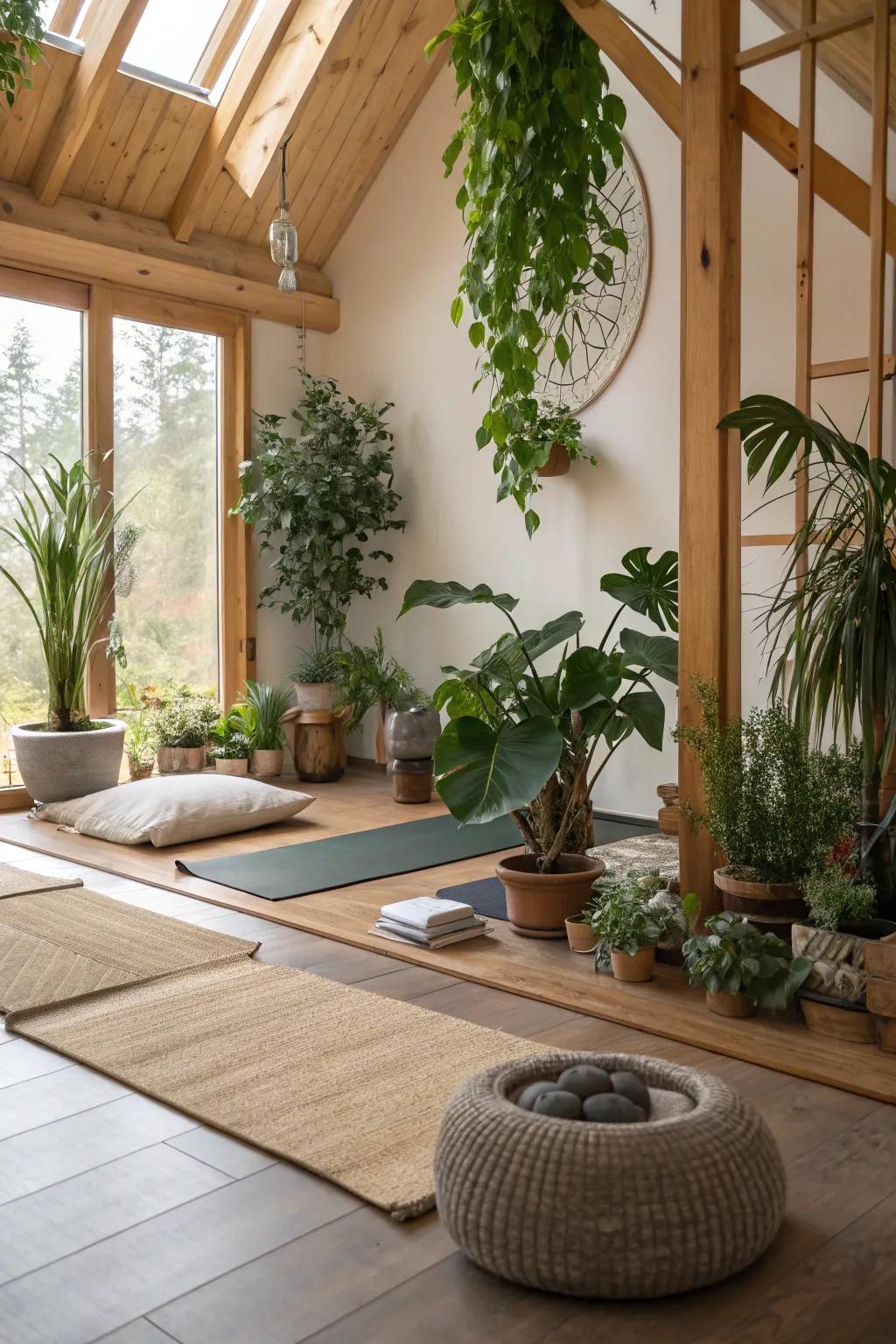 A meditation space enriched with flourishing plants and raw wood highlights.