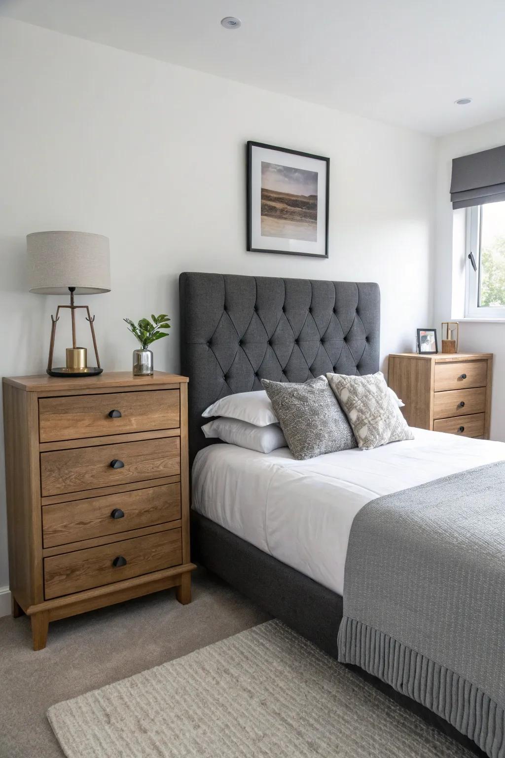 Deep grey and white provide a striking, modern contrast in this chic bedroom.