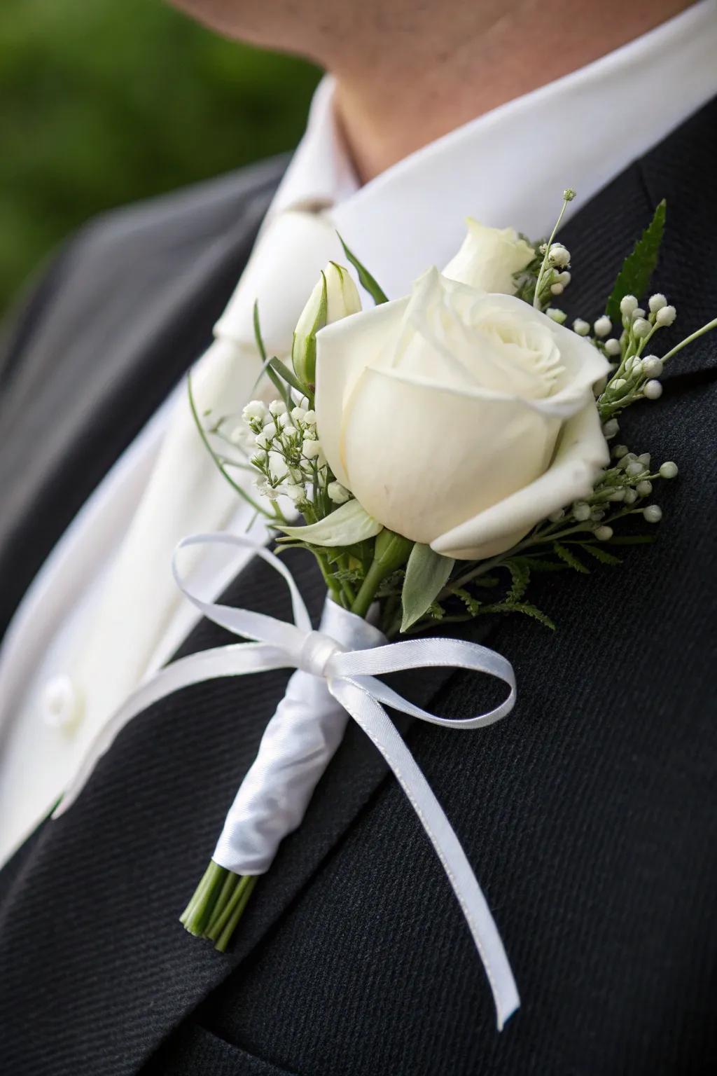 A timeless ivory blossom boutonniere enhances any formal suit.