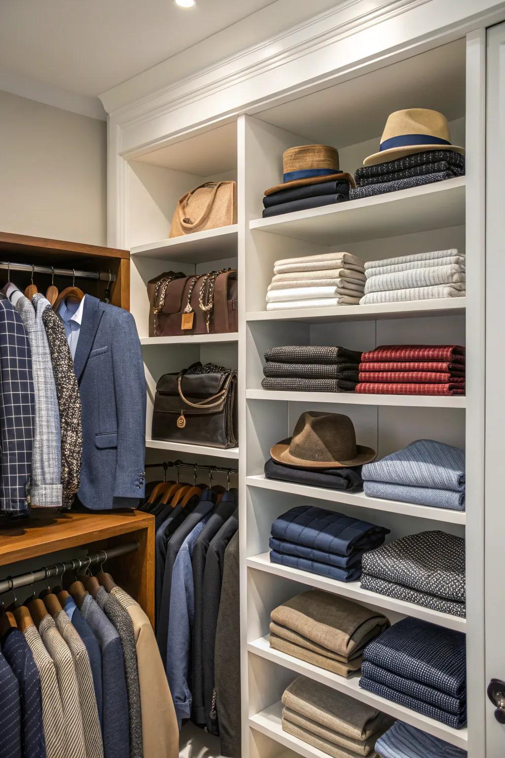 A men's closet featuring open shelving that highlights a precisely arranged wardrobe.