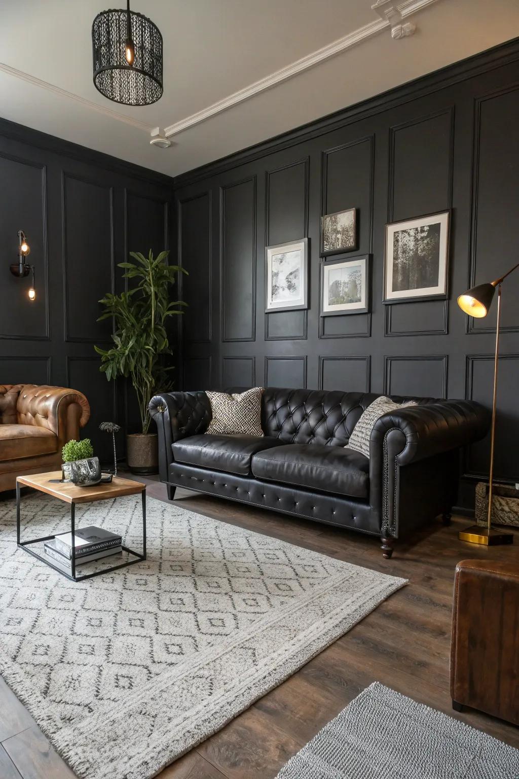 A living room designed for a man showcasing a dark color scheme for a strong visual impact.