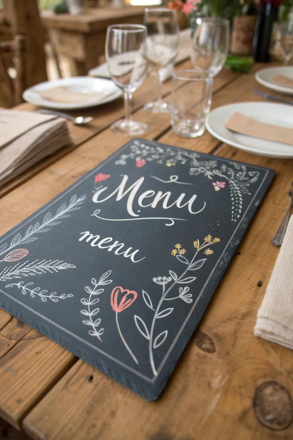 Backdrops in chalkboard style enhance your menu with a personalized, handmade charm.