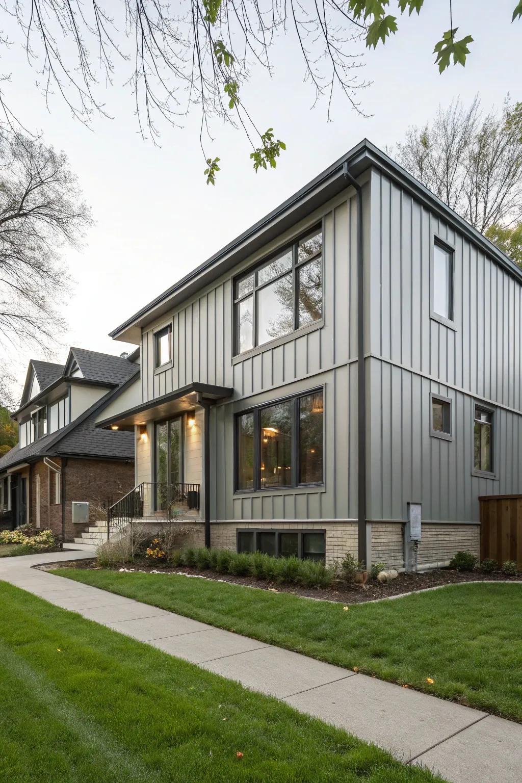 A modern residence featuring sleek metal cladding, which perfectly enhances its contemporary design.