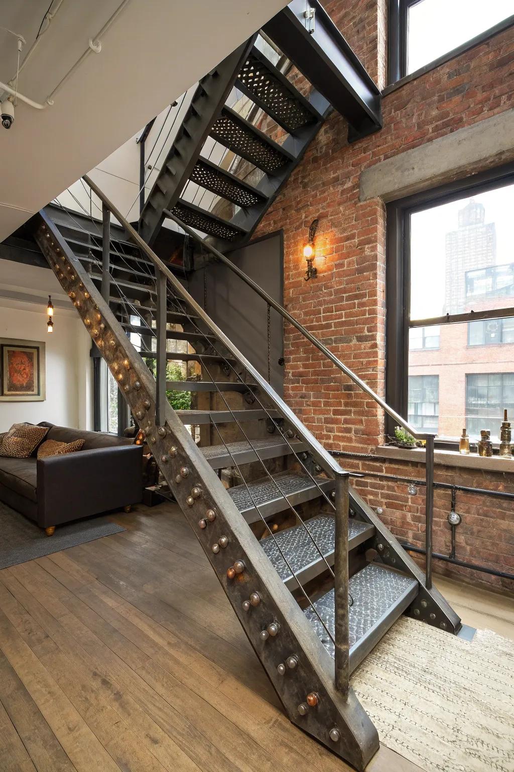 This metal stairway perfectly balances industrial charm and contemporary life.