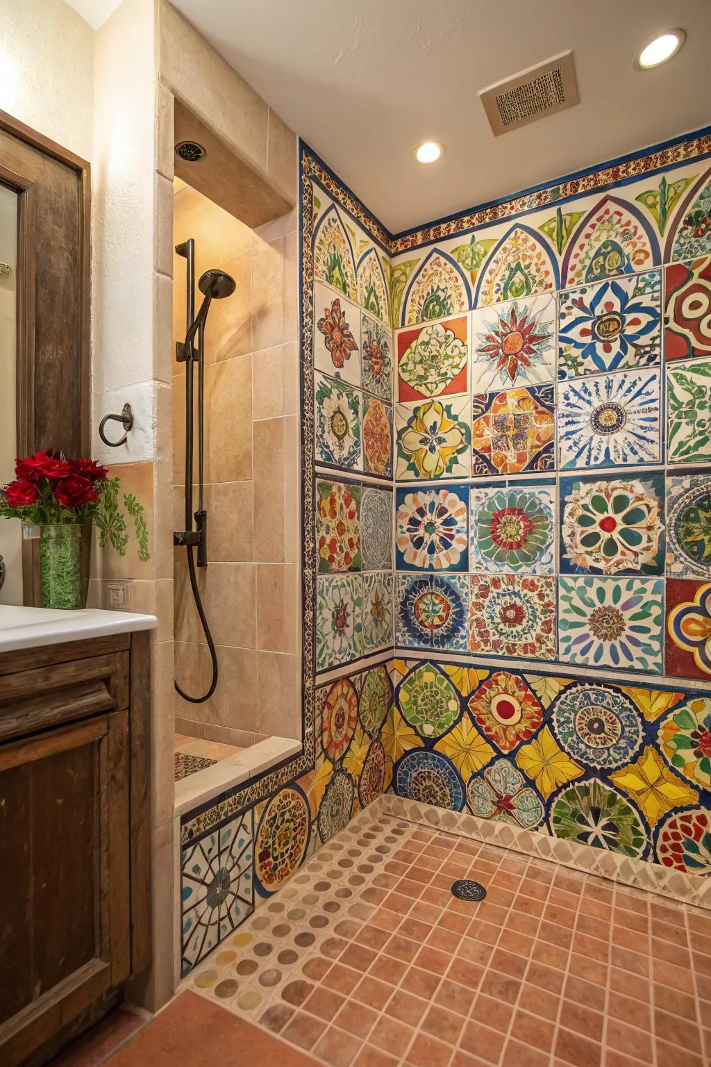 A bathroom showcasing lively Talavera tiles.