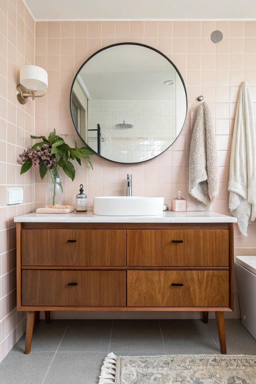 A timber vanity lays the foundation for an inviting and cozy mid-century bathroom.