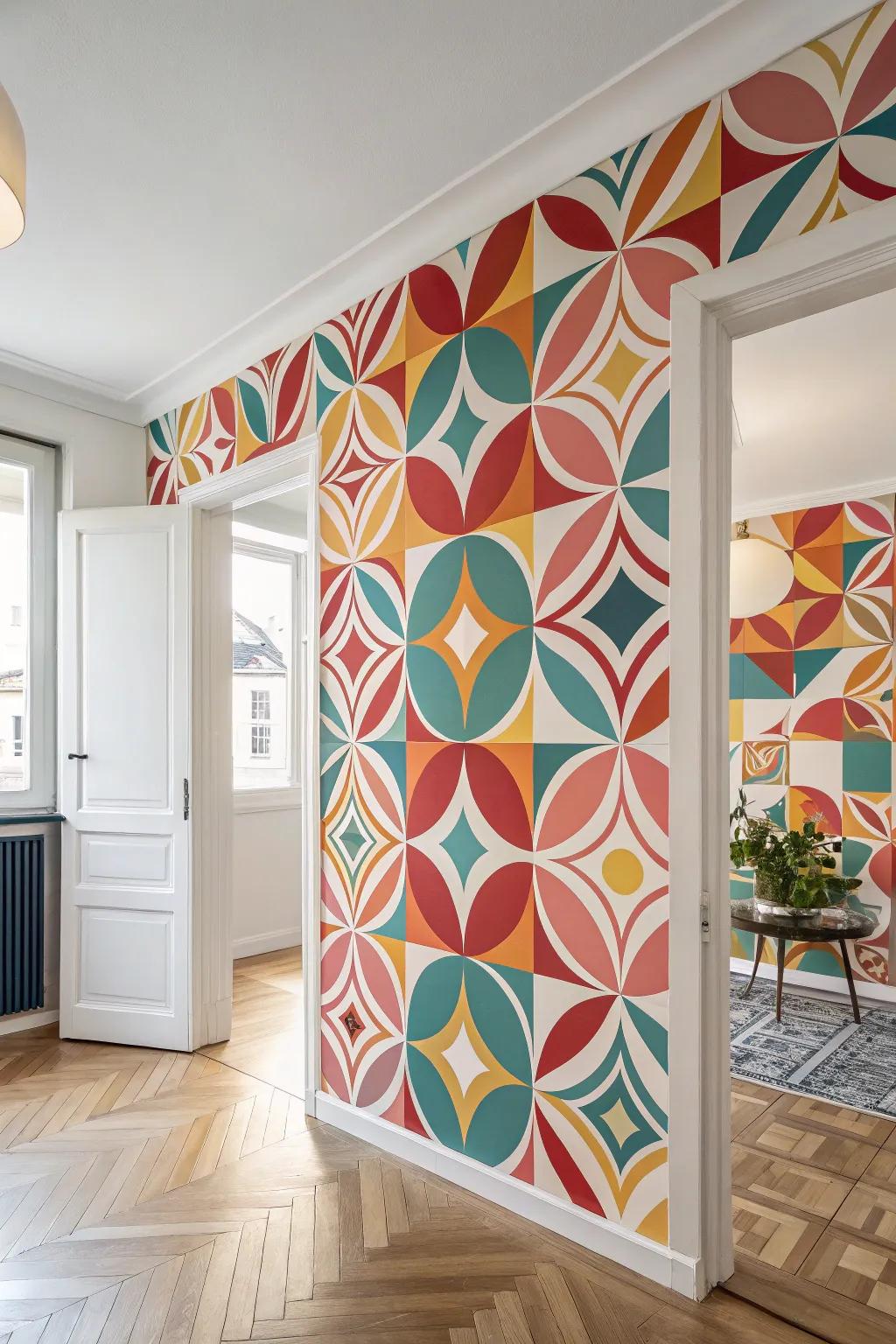 A space featuring striking geometric mid-century wall covering highlighted by abstract shapes.