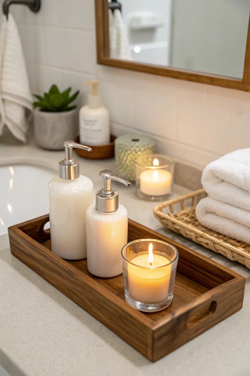 A bamboo organizer marries tidiness with style on this minimalist bathroom counter.