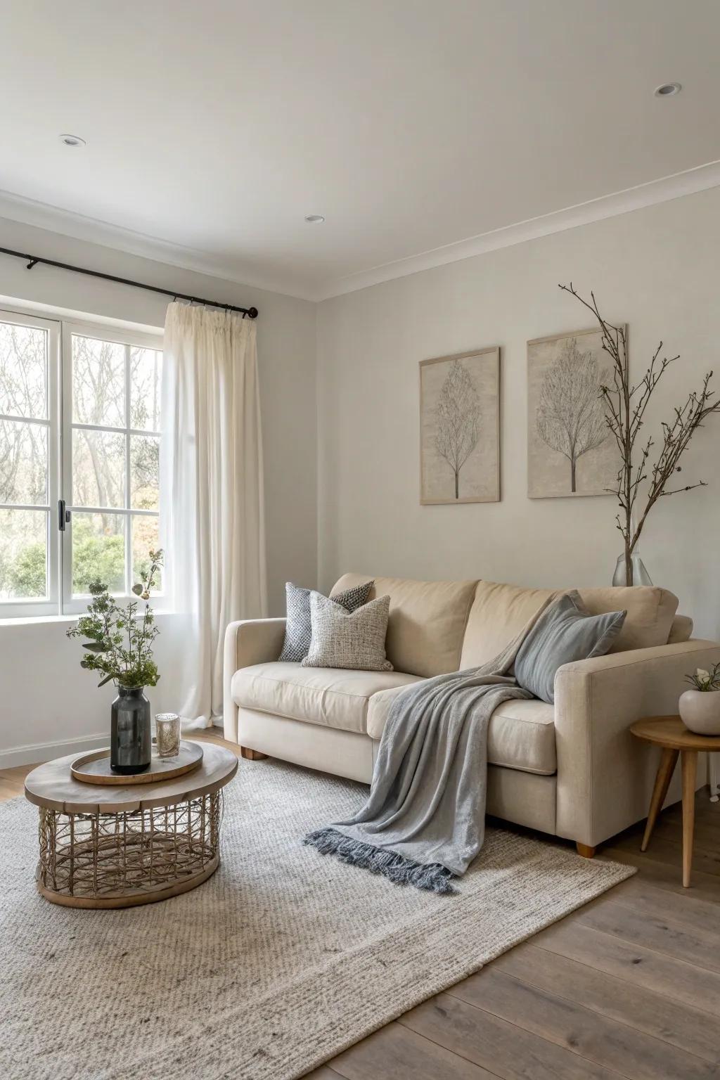 A minimalist living room showcases a soothing neutral color story.