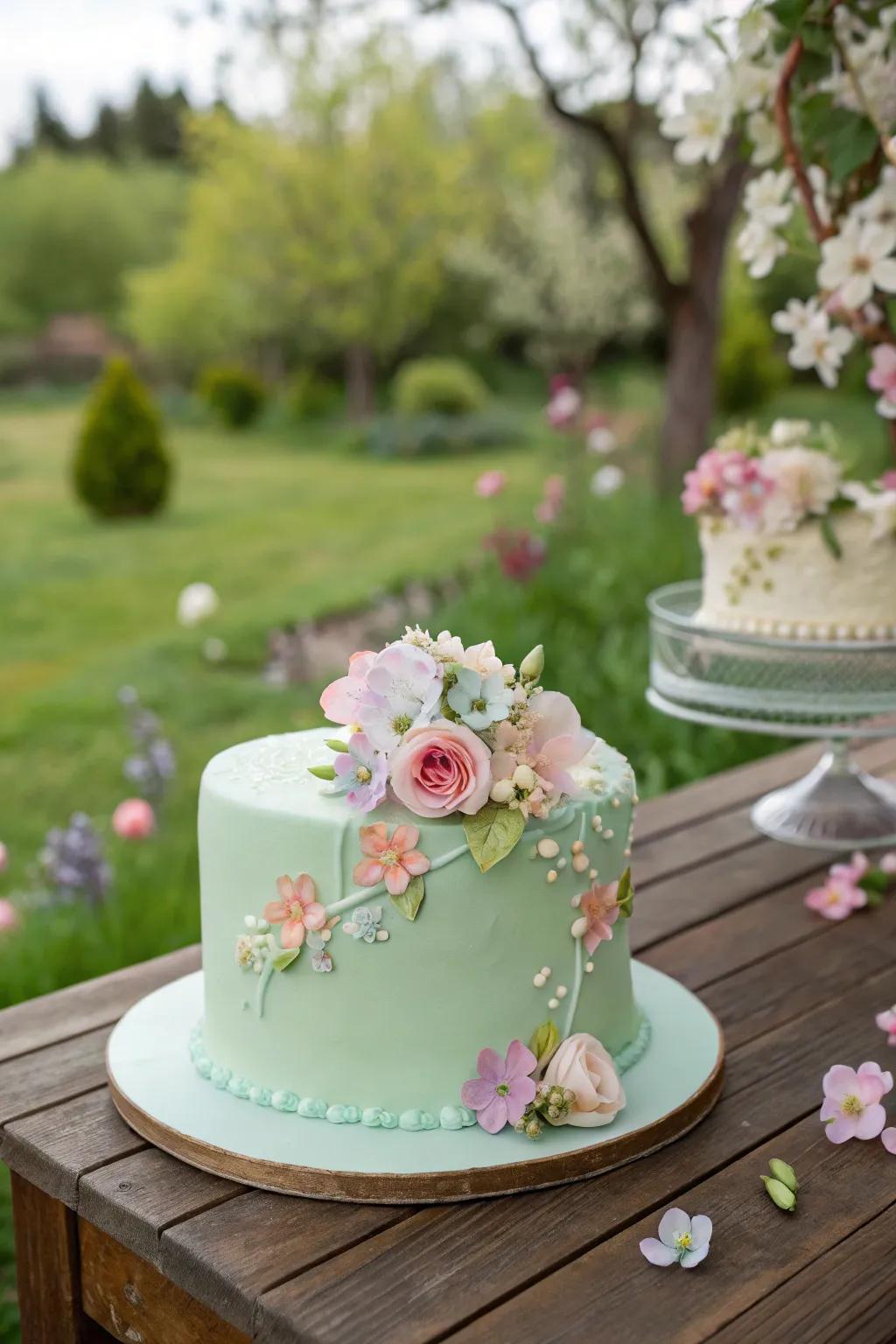 A seafoam confection gracefully adorned with consumable floral highlights.
