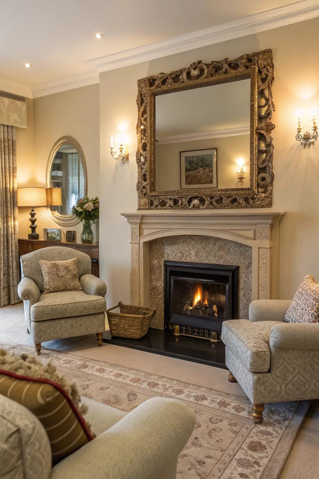 A striking wall mirror turns this living room into a stylish retreat.