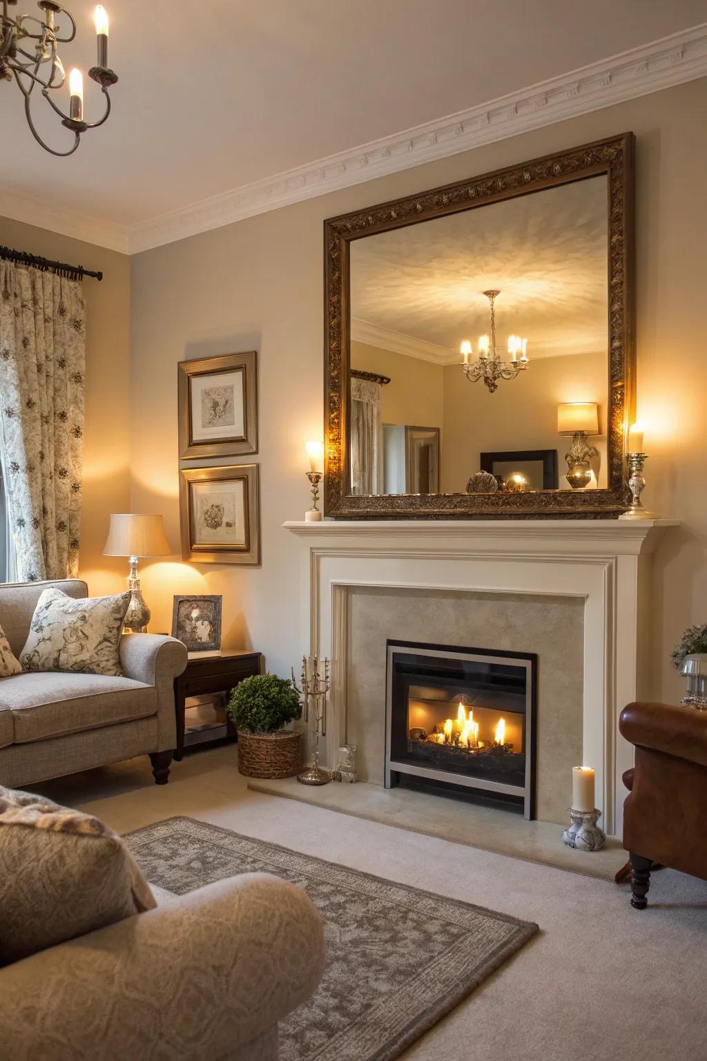 A large framed mirror adds grandeur and sophistication.