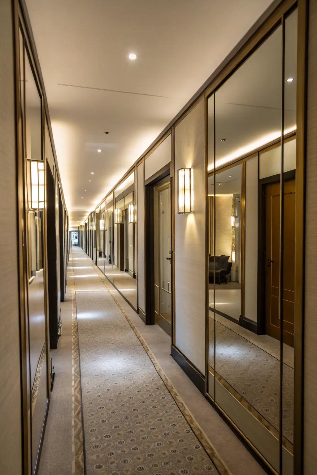 Elevate dim passageways with reflective closet entries.