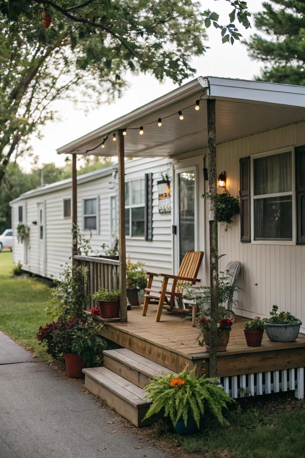 A comfortable front porch complete with seating and foliage, improving the entryway of a mobile home.