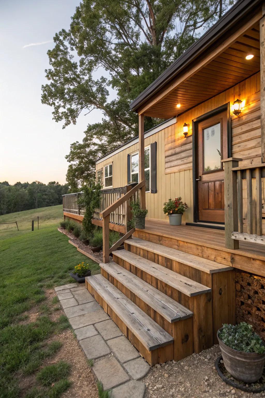 Rustic timber baseboards infuse coziness and appeal into any mobile dwelling.