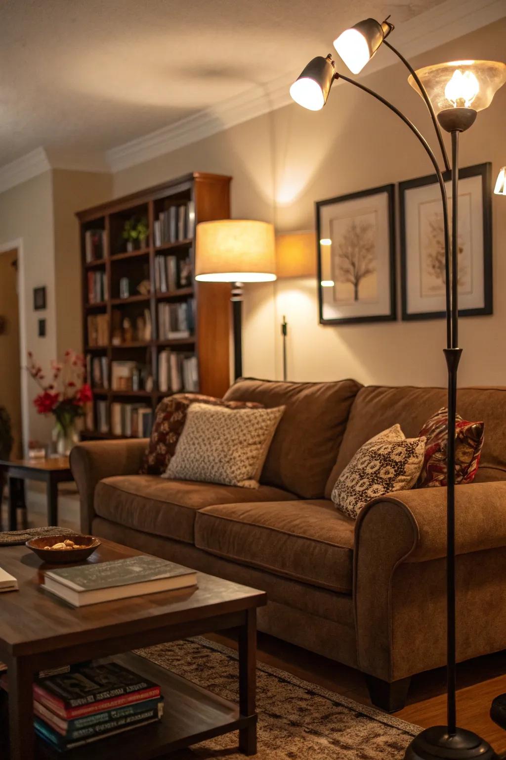 Gentle lighting boosts the snug ambiance surrounding the cocoa-colored sofa.