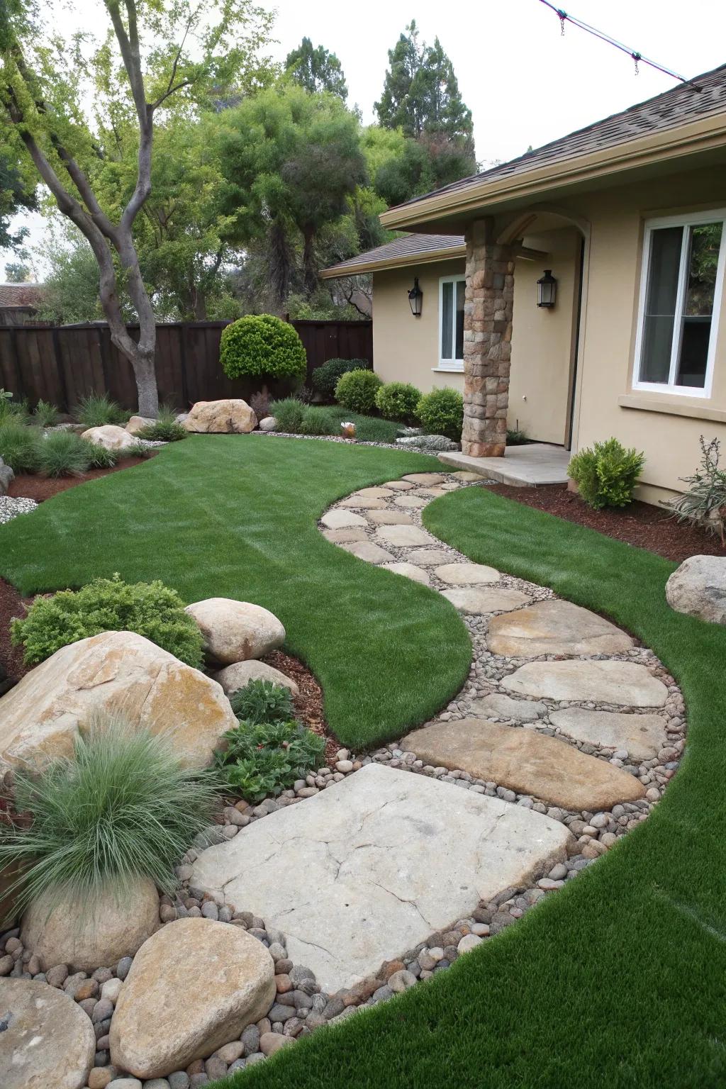 A front yard showcasing the harmonious blend of synthetic lawns and natural stone.