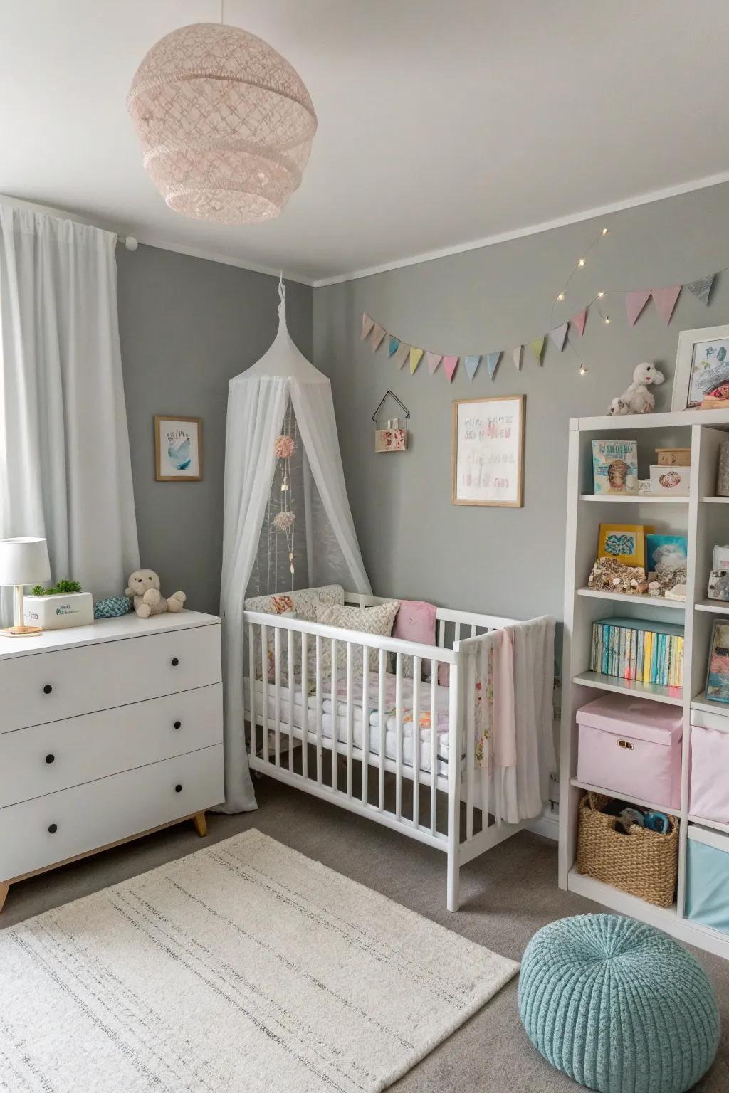A peaceful baby boy's room showcasing a neutral color palette.