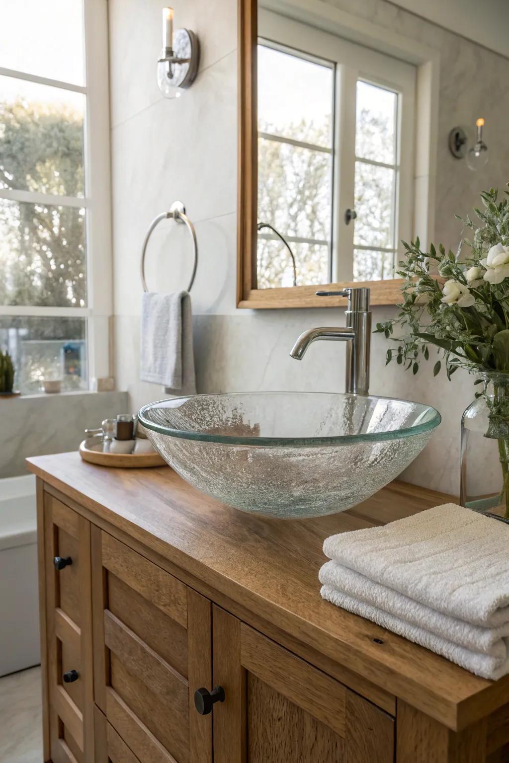 A crystal countertop basin introduces an element of allure to modern lavatory aesthetics.