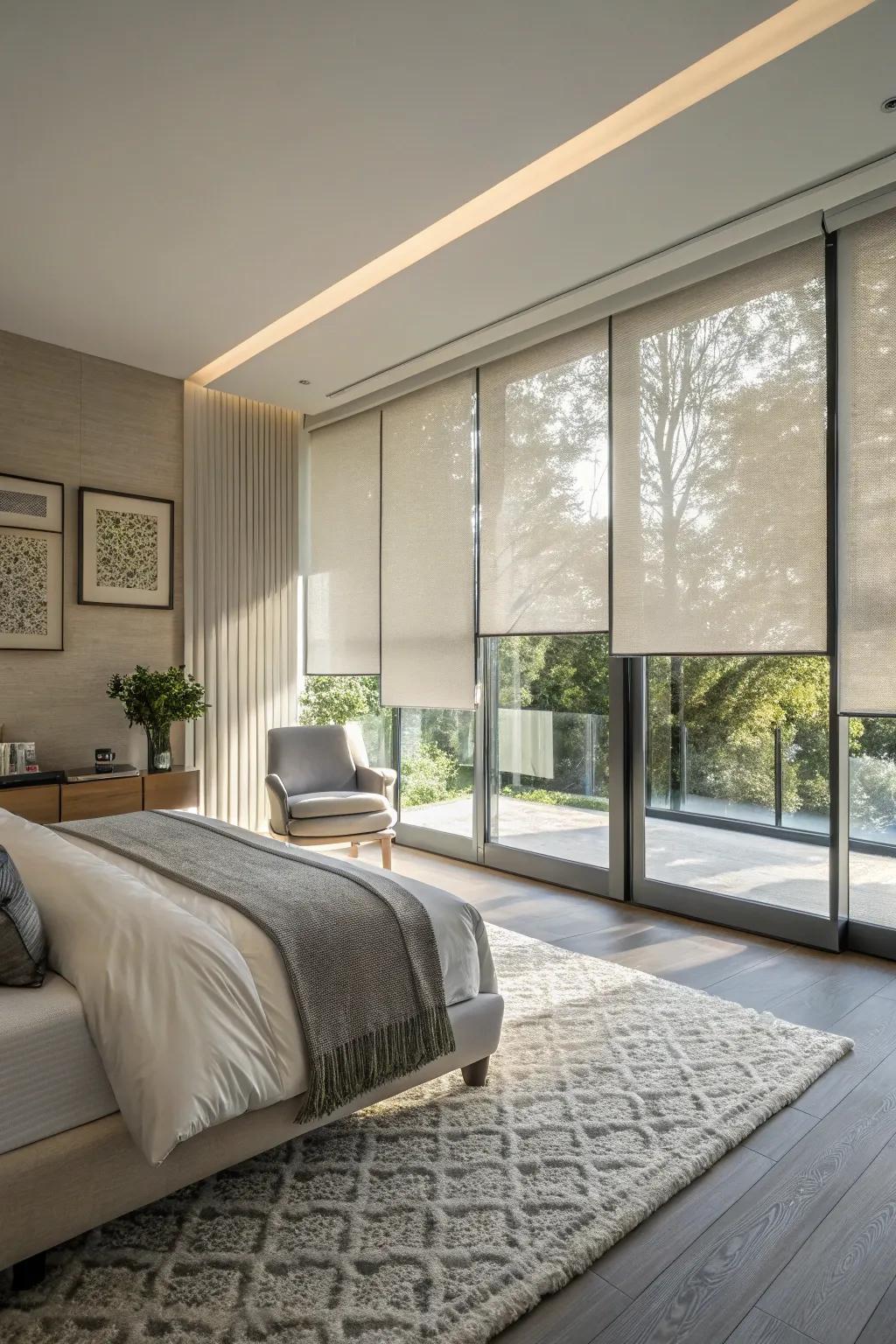 Modern bedroom featuring elegant streamlined window films