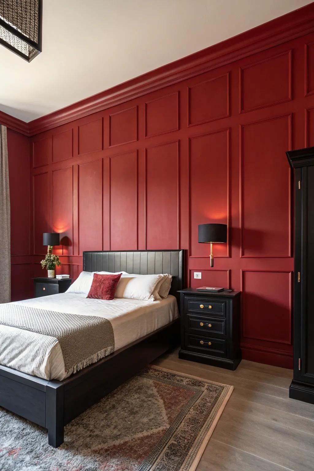 An eye-catching rich scarlet feature wall in a contemporary sleep space.