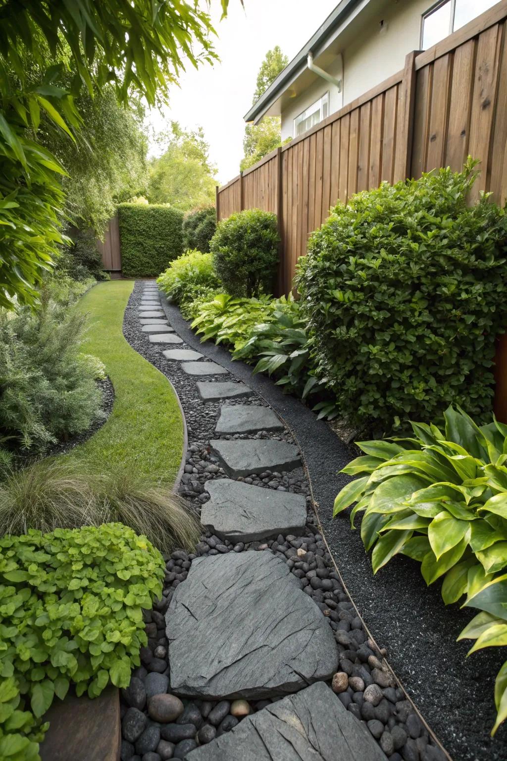 A garden walkway bordered with stylish black rocks.