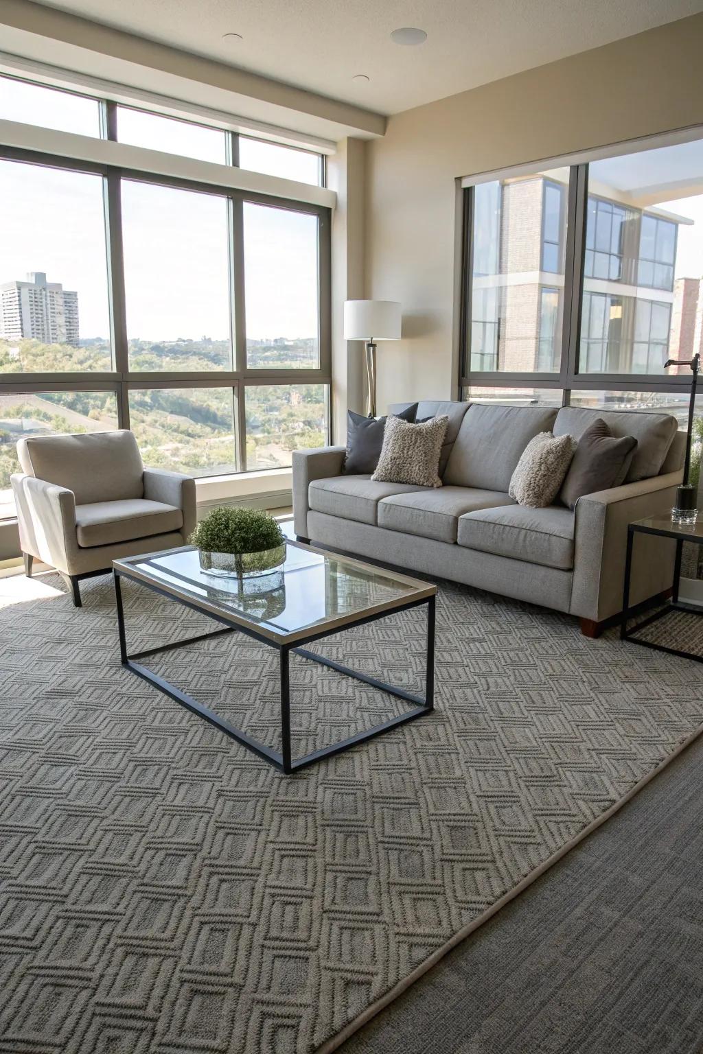 A living area enhanced by a subtle gray and beige floor covering, enhancing its contemporary appeal