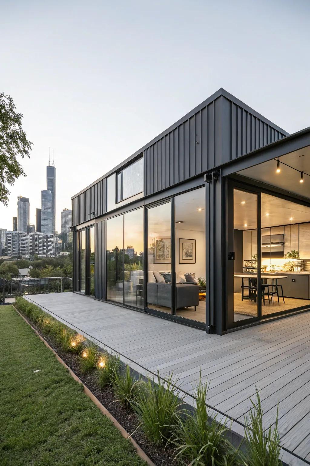A sleek urban container retreat with large windows and minimal design.