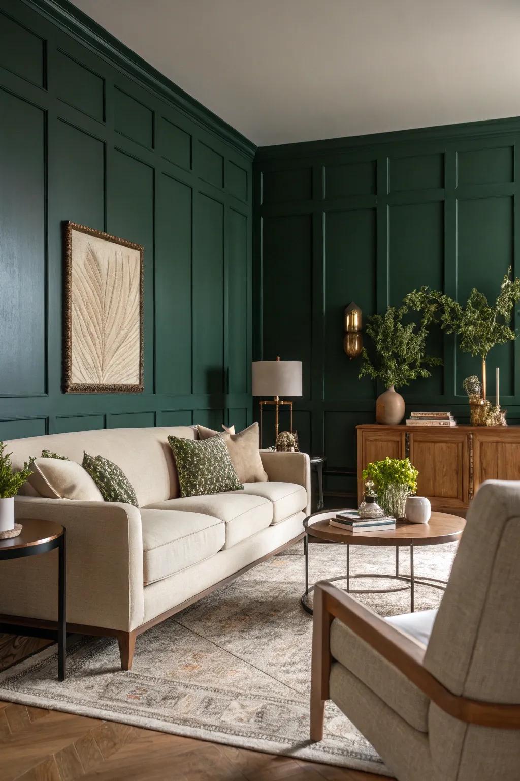 An emerald statement wall serves as an eye-catching centerpiece in any living area.
