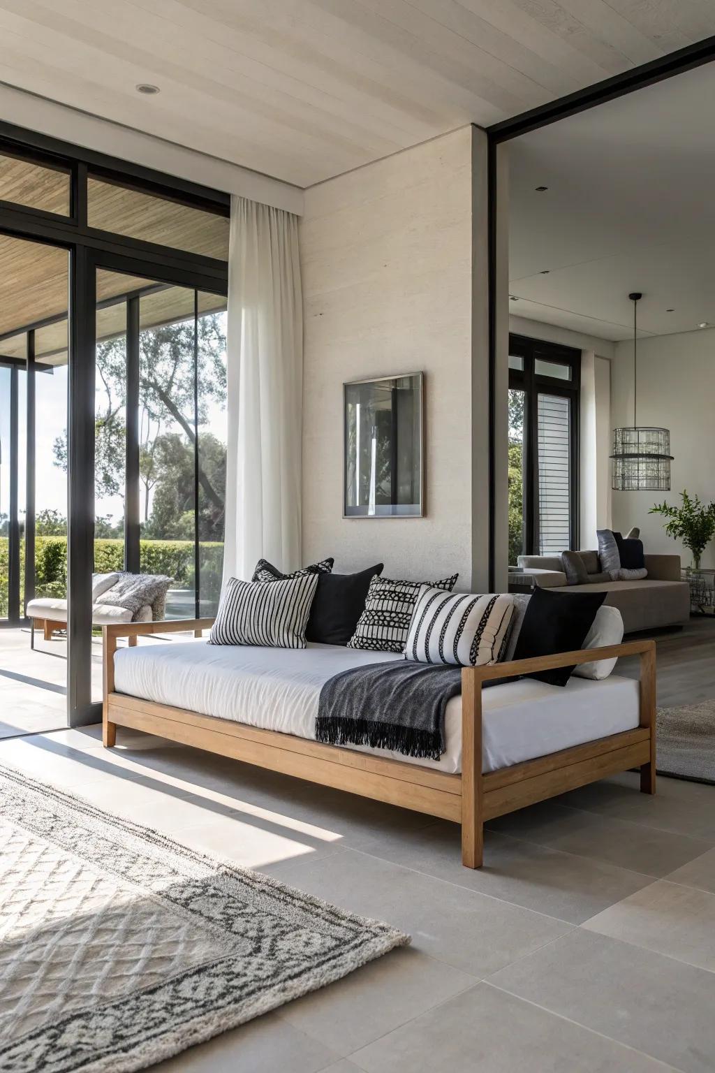 A minimalist daybed showcasing monochrome linens for an elegant, current aesthetic.