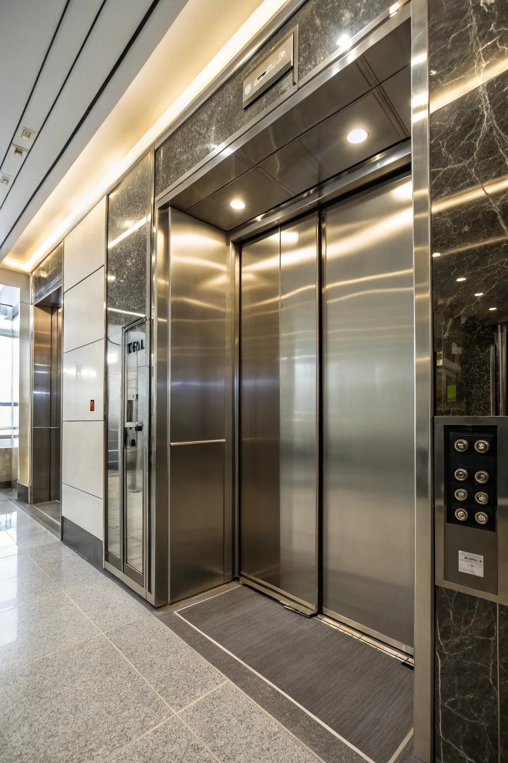 A contemporary elevator interior showcasing streamlined stainless steel and refined metal finishes.