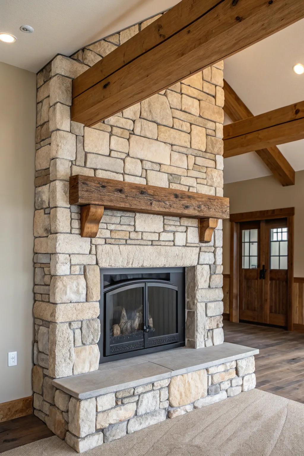 A perfect mix of stone and wood crafts a traditional farmhouse ambiance.