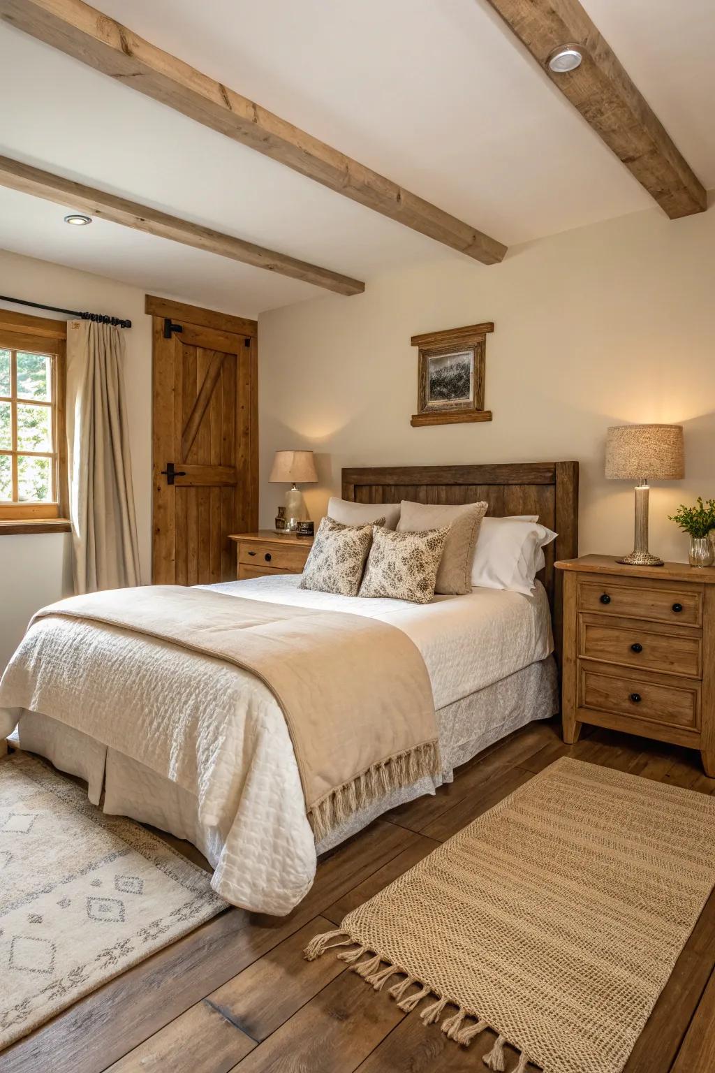 A tranquil guest bedroom showcasing a neutral color scheme and countryside-inspired details.