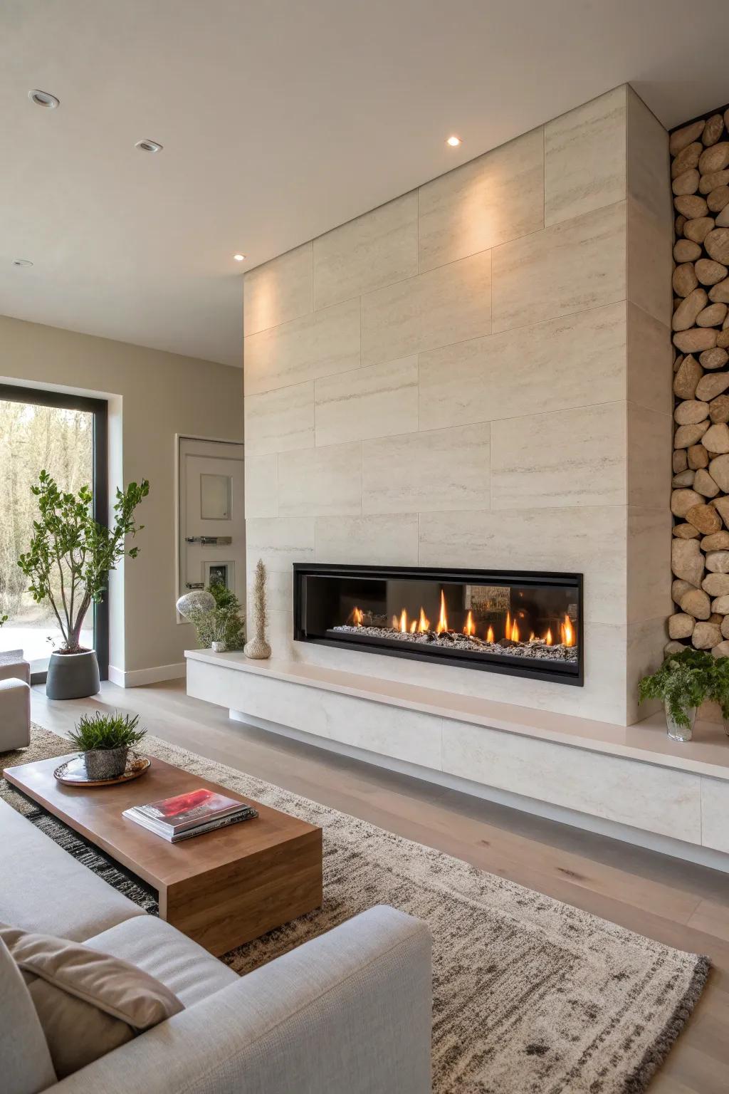 A linear fireplace blends smoothly into a simple, modern living room wall.
