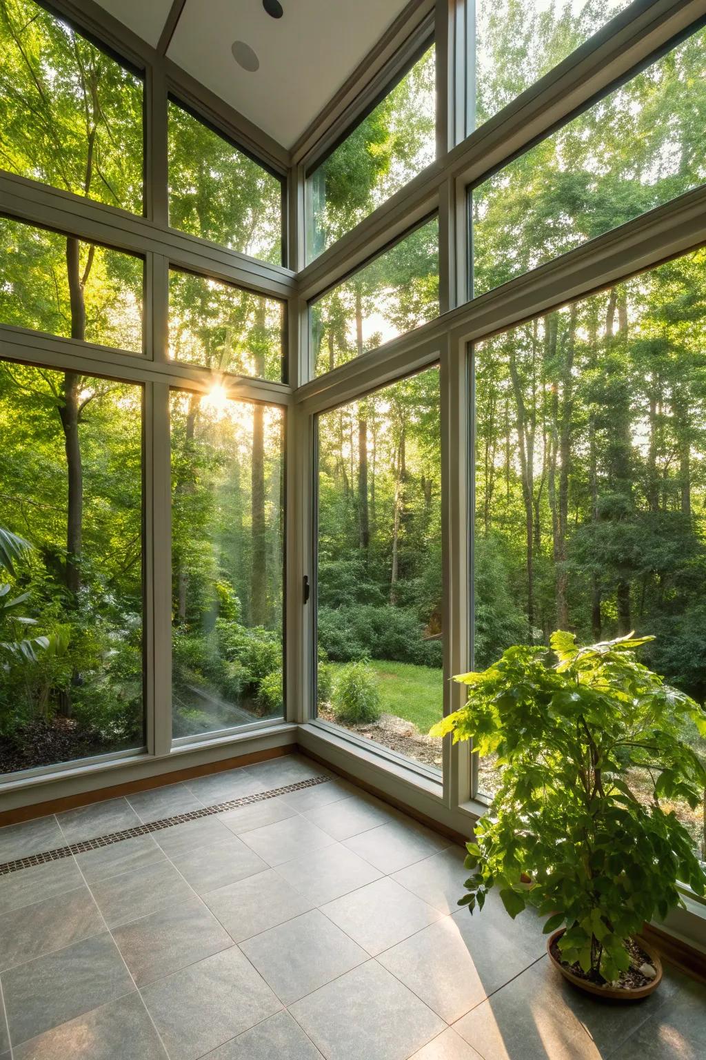 Sunlight bathes a contemporary sunroom, fostering an atmosphere of warmth and welcome.