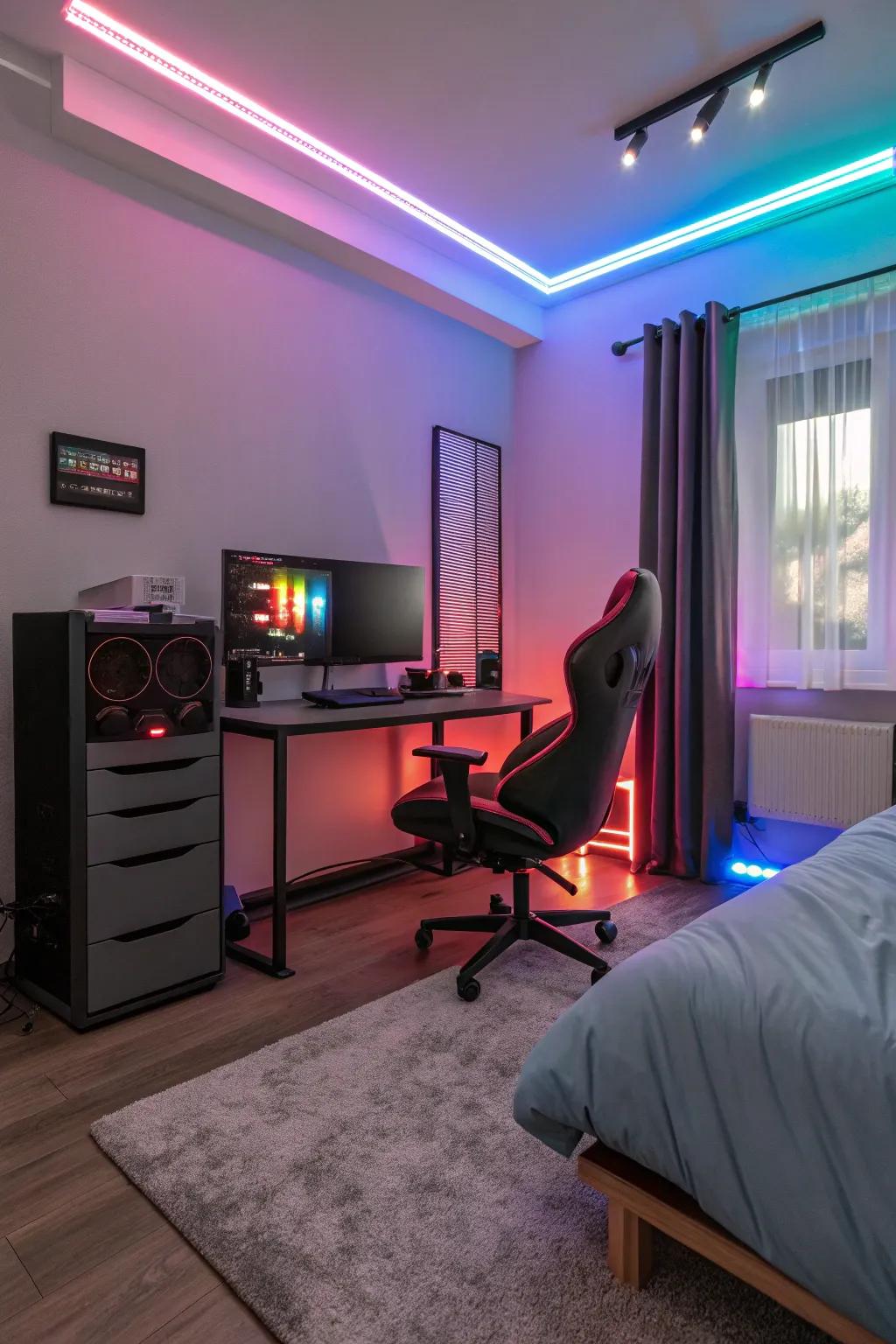 A bedroom saturated in vivid bright bar lighting, enhancing the gaming atmosphere.