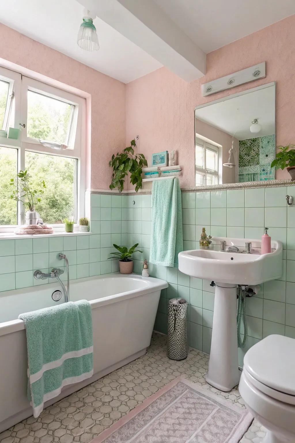 A bathroom styled with a soft pastel color scheme showcasing rosy pink walls and spearmint accents.