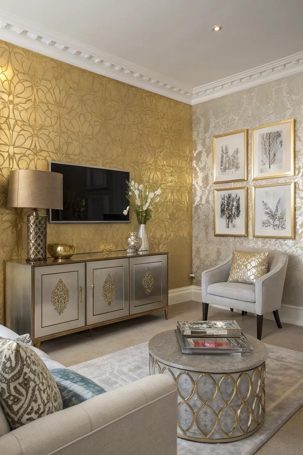 A captivating gold statement wall beautifully sets the stage for a luxurious living space.