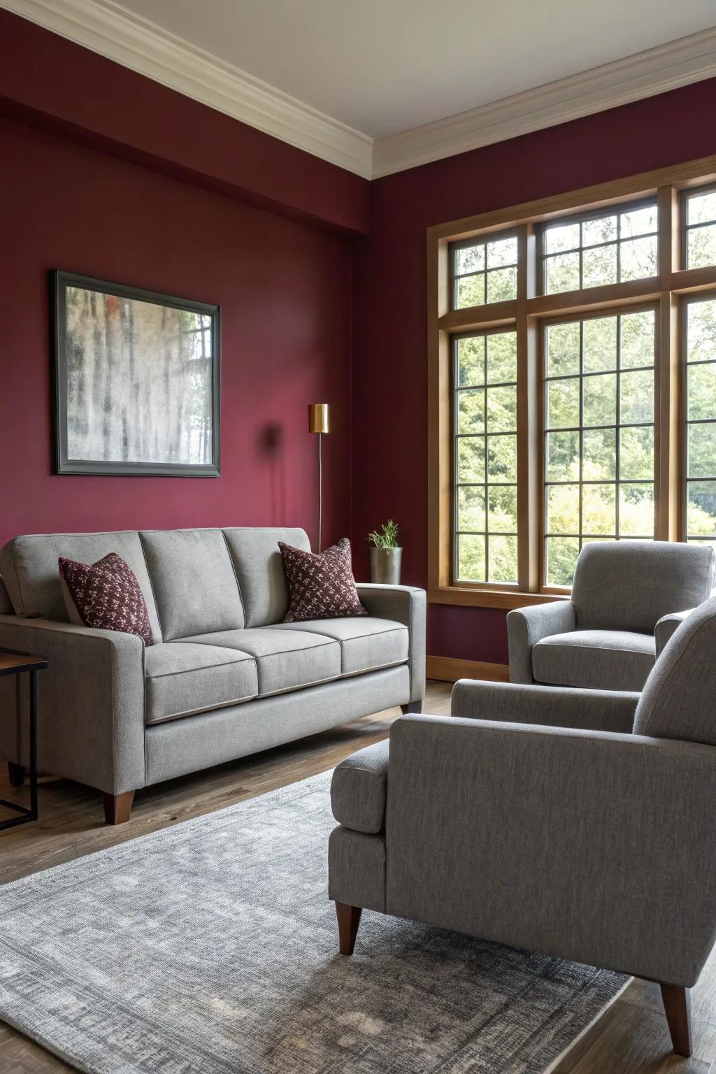 Living area featuring a bold wine-toned statement wall and contemporary slate furnishings.