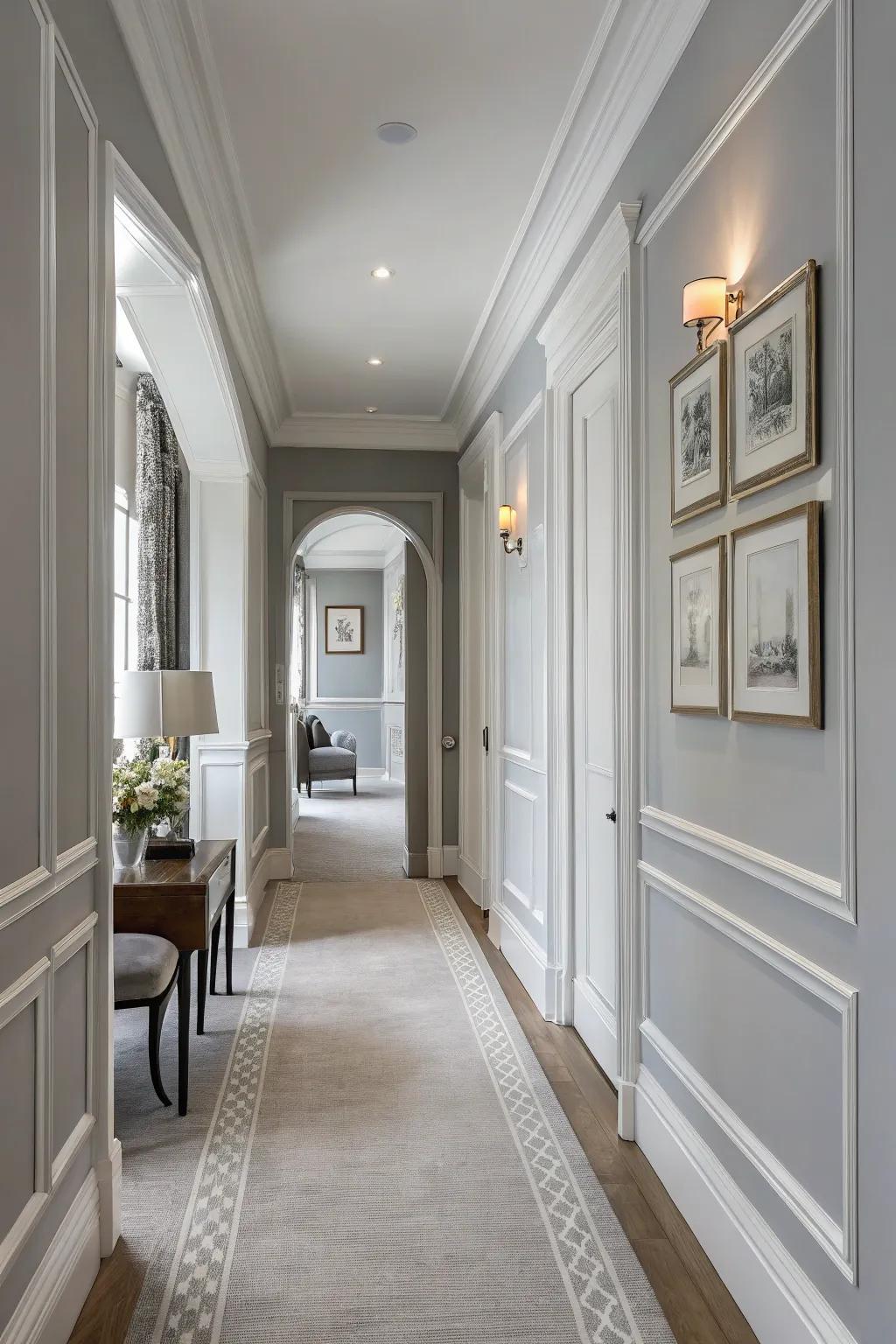 A hallway painted in a soft gray, creating a timeless and flexible backdrop.