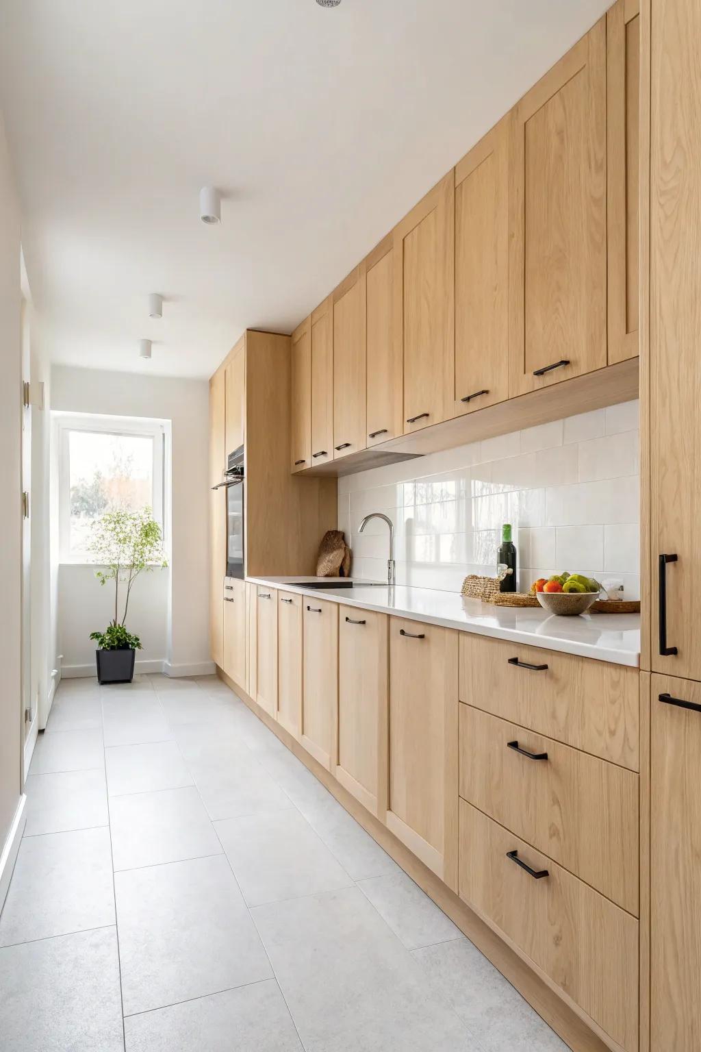 A minimalist kitchen featuring cream-colored pecan wood cabinets with clean lines and subtle elegance.