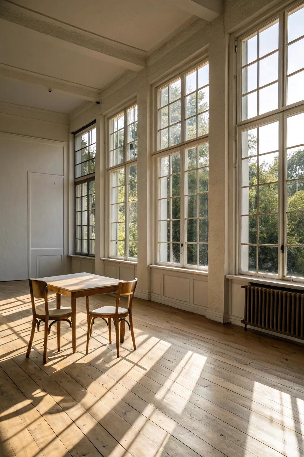Sunlight enhances the airy feeling of a room with pale timber flooring.