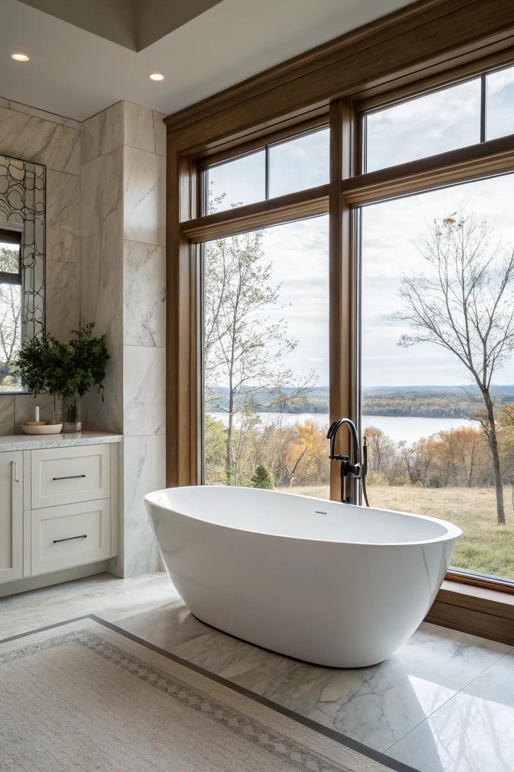 A standalone tub takes center stage in this modern bathroom.